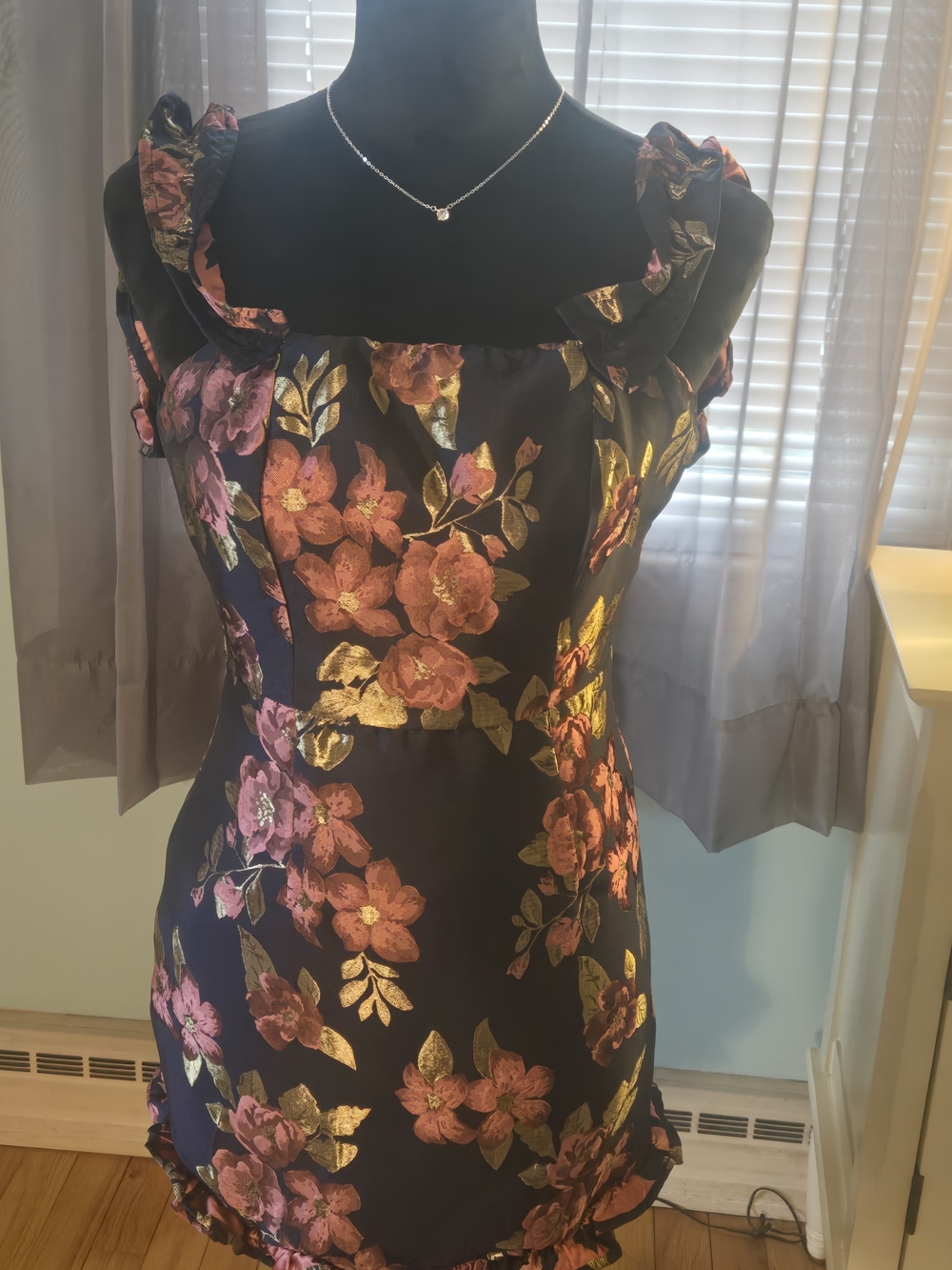 Lulu's Black Mini Dress with Pink & Gold Floral Jacquard